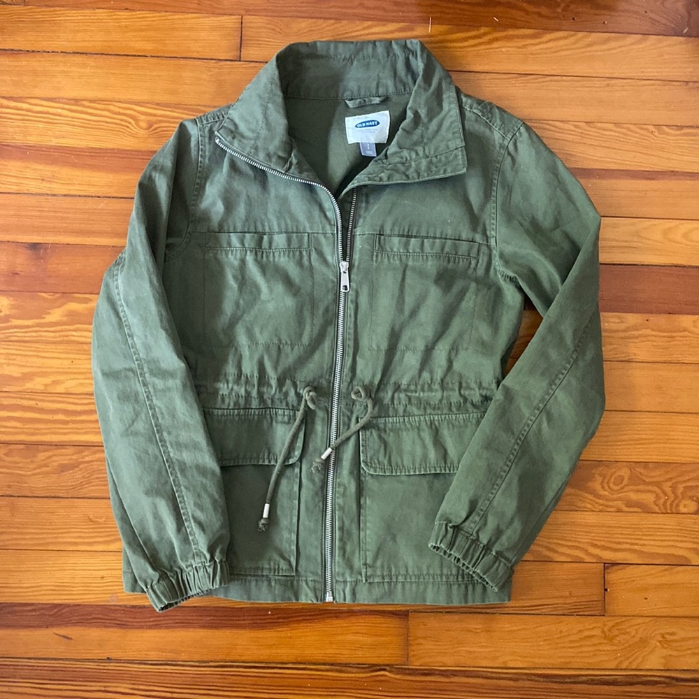 Old Navy Army Zip Jacket with snapped pockets hits just below waist
